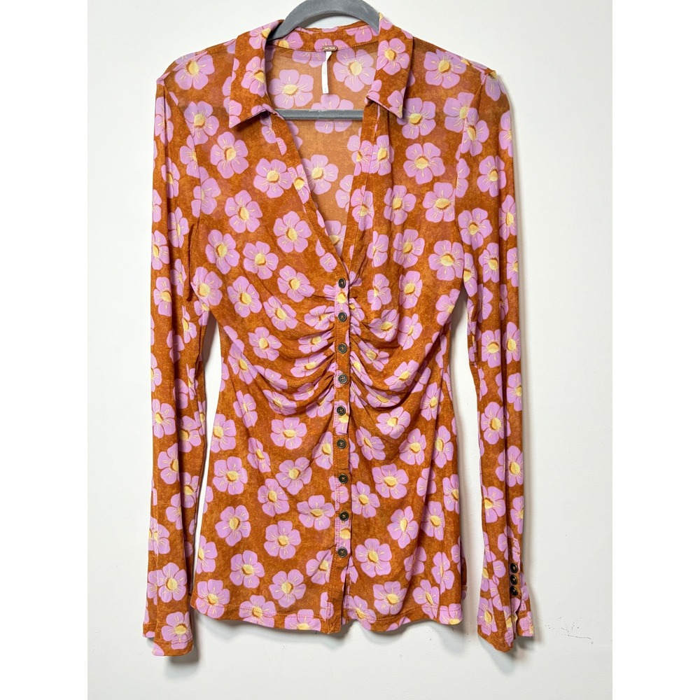 Free People Floral Mesh Ruched Button Down Top Brown Purple Y2K Long Sleeve M
